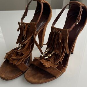 Gucci Brown Suede Fringe High Heel Sandals 7.5